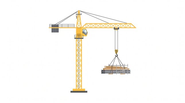 Construction tower crane lifting materials isolated on white background flat vector.