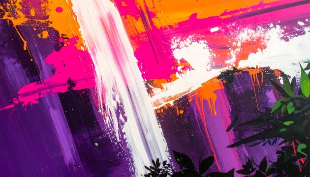 Vibrant Abstract Painting with Bright Colors and Natural Foliage