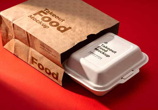 Takeout Food Packaging Mockup with Paper Bag and Clamshell Container