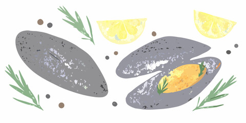 Mussels And Lemon Illustration Watercolor Style With White Background © Dipu