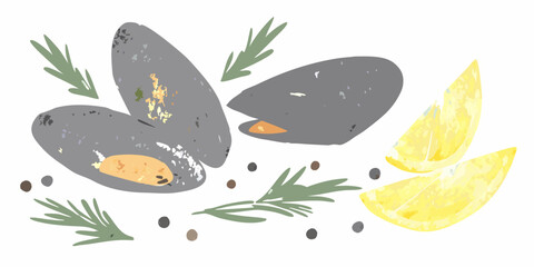 Watercolor illustration of mussels lemon slices and rosemary sprigs © Dipu