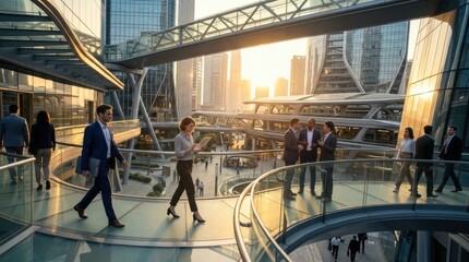 Fototapeta premium Diverse Business Professionals Walking on Modern Glass Skywalk in Futuristic City Plaza at Sunset