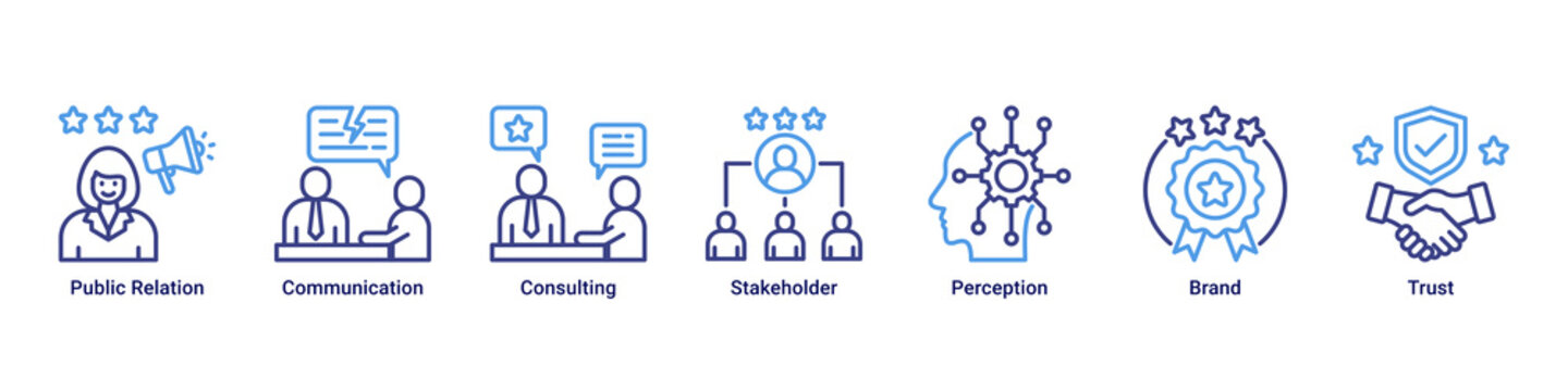 Public Relations web banner icon vector illustration with icons of Public Relation, Communication, Consulting, Stakeholder, Perception, Brand and Trust