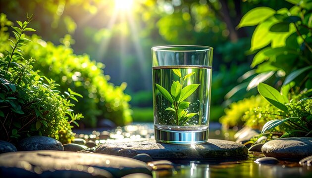 Serene Water Glass with Green Plant Pebble Bed