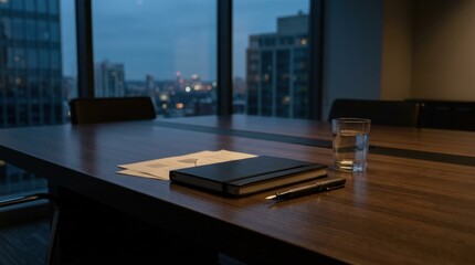 Plakat Professional conference room table at night with notebook, pen, and water glass with city view