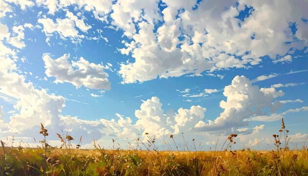 Serene Sunset Field with Blue Skies and Fluffy Clouds