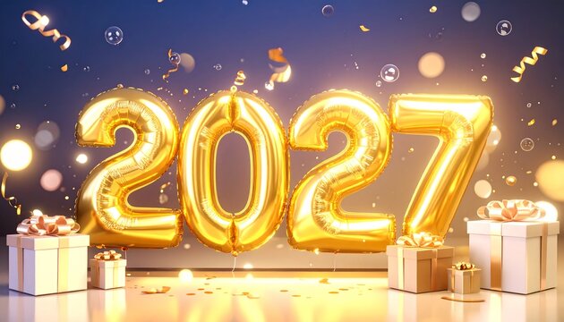 Festive Celebration with Gold Number Balloons and Gift Boxes