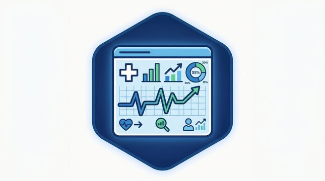 Blueprint style icon depicting data analytics and health monitor interface.