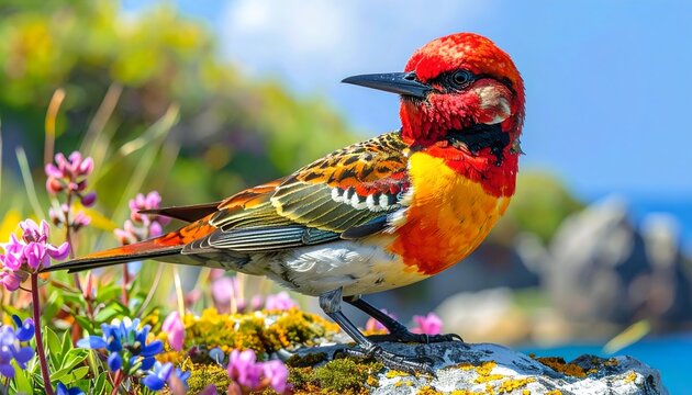 Colorful Bird Perched Amid Vibrant Flowers