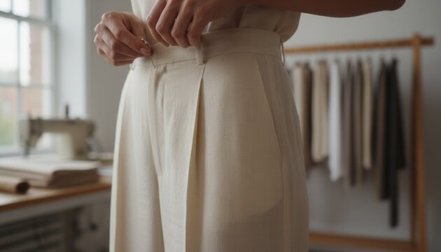 Tailor expertly adjusting and pinning beige tailored trousers with focus on garment construction in a bright design workshop