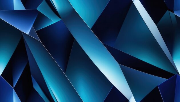 Sharp geometric facets gleam in deep blues and silvers. Light skims edges, casting soft shadows in angular patterns. Modern design echoes technology, architecture, or digital abstraction