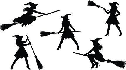 Halloween witch silhouette collection, flying and standing magic character vector illustration isolated on white background for decoration © Masum