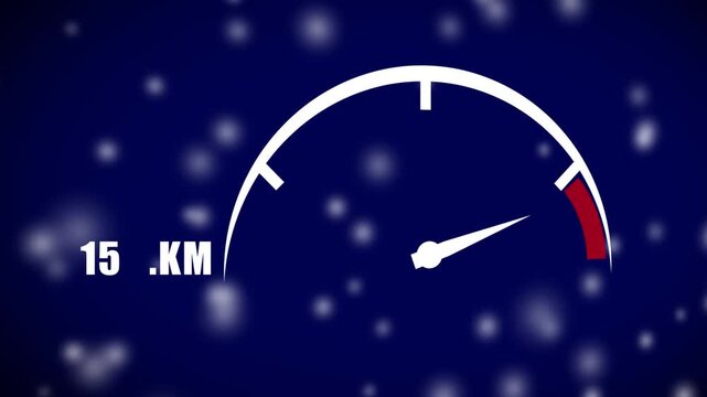 Digital speedometer gauge with dynamic km counter and abstract particle background, dashboard velocity