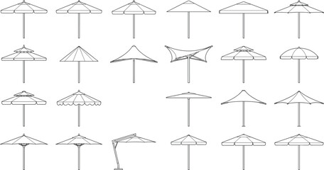 Collection of patio umbrella and outdoor parasol illustrations in architectural line art style for landscape design © MehenajParvin