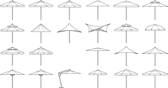 Collection of patio umbrella and outdoor parasol illustrations in architectural line art style for landscape design
