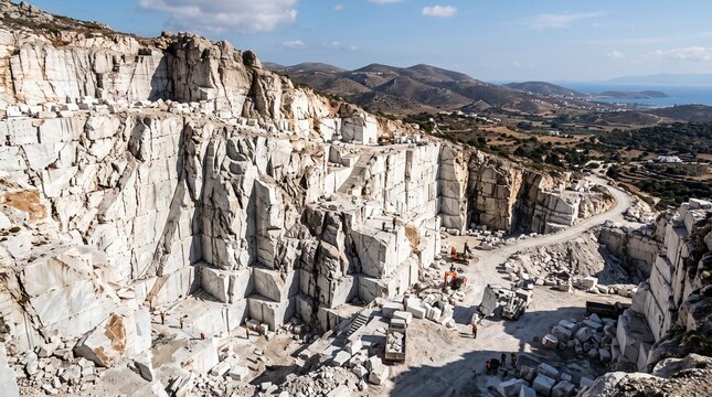 A vast, rugged open-pit marble quarry carved into a mountainside with heavy machinery, exposed white stone layers, and distant hills under a clear blue sky on a sunny day.