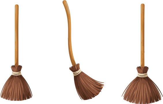 Traditional straw broom collection, household cleaning tools vector illustration isolated on white background for domestic maintenance design