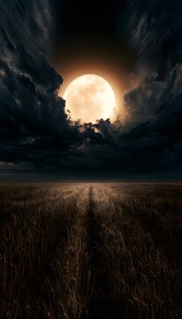 Golden wheat field bathed in moonlight a tranquil harvest scene under dramatic swirling clouds