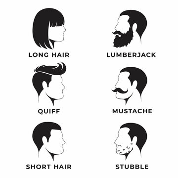 Men Hairstyle and Beard Style Profile Set with Lumberjack Full Beard Mustache and Stubble Vectors for Barber Shop Logos and Grooming Branding
