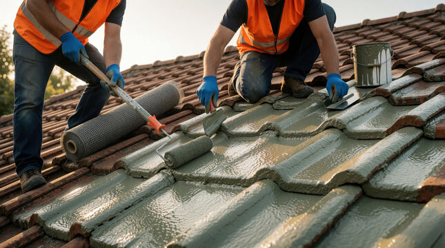 Construction workers apply liquid waterproofing coating on residential house roof tiles. Builders use roller, spatula tool for surface repair maintenance. Professionals wear safety gloves, vests