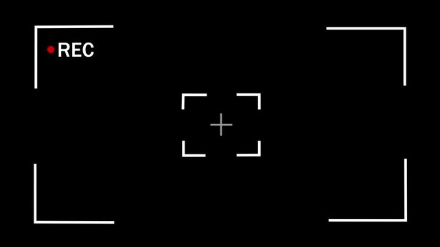Digital camera viewfinder overlay with blinking red rec indicator and focus frame reticle for cinematic filmmaking, broadcast production, and realistic editing projects and effects