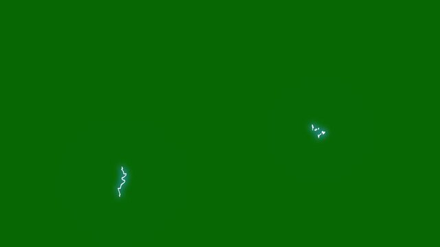 Animated lightning strikes with bright thunder flashes, glowing electric bolts, comic energy burst, gaming intros and visual effects, on transparent green screen background animation. 4k video