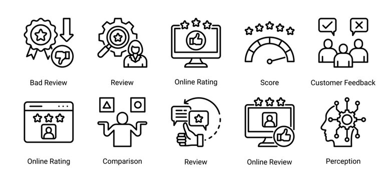 Comprehensive Reviews Feedback icon set featuring online ratings, customer reviews, score analysis, perception tracking, and feedback management concepts.