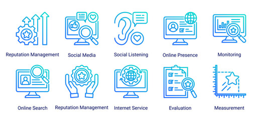 Fototapeta premium Comprehensive Reviews Feedback icon set featuring online ratings, customer reviews, score analysis, perception tracking, and feedback management concepts.
