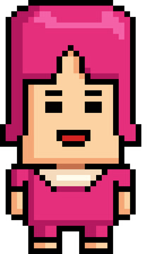 Pixel Art Cute Girl Character Pink Hair Pink Dress 8 Bit Retro Avatar for Games and Character Design