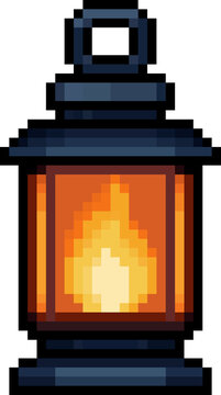 Pixel Art Vintage Lantern Icon Glowing Flame 8 Bit Retro Light Source for Games and Adventure Design