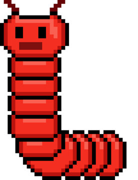 Pixel Art Red Worm Character Cute Caterpillar Creature 8 Bit Retro Bug for Games and Character Design