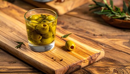 Vaso de aceitunas verdes marinadas sobre tabla de madera rústica con hierbas aromáticas y una aceituna cortada © EBG Stock Studio