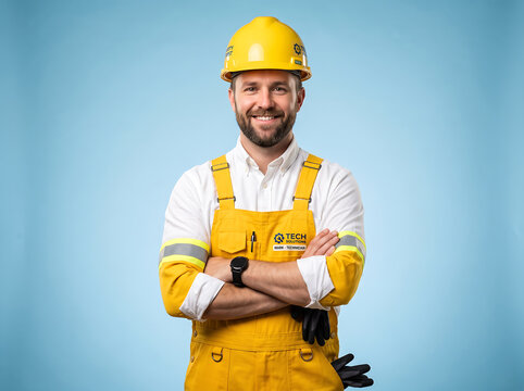 Portrait of a smiling construction worker wearing a yellow hard hat and protective overalls.