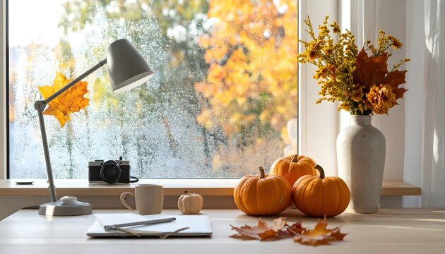 Escritorio luminoso junto a una ventana con calabazas, c&aacute;mara fotogr&aacute;fica, l&aacute;mpara y jarr&oacute;n con ramas oto&ntilde;ales