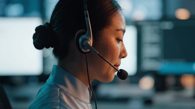 Focused Professional Communicating with Clients Through a Headset While Working in a Modern Office Environment with Multiple Screens Displaying Data