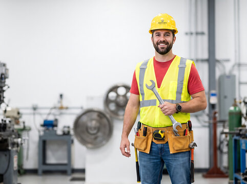 Professional male construction worker holding a wrench in an industrial workshop environment.