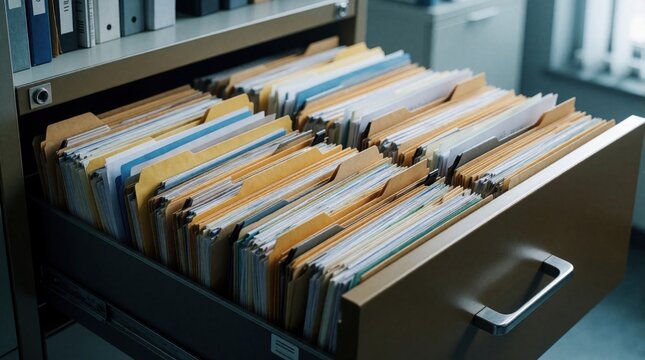 Open filing cabinet drawer filled with many manila folders and documents. Organised business paperwork stacked in archive office workspace. Records are neatly sorted for easy access.
