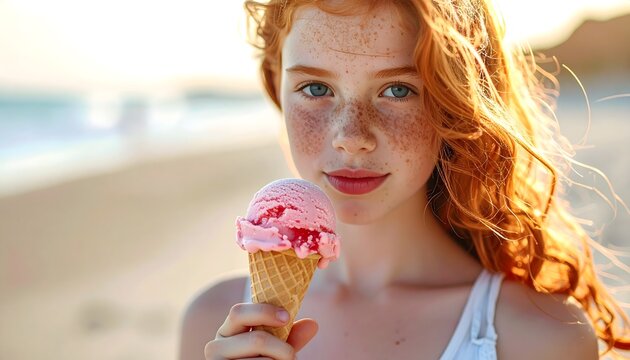 Ni&ntilde;a pelirroja con pecas sosteniendo un cucurucho de helado rosa en la playa con luz c&aacute;lida