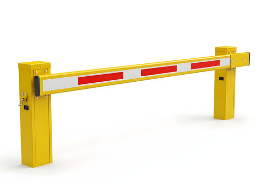 Yellow arm barrier gate closed on road isolated on white background
