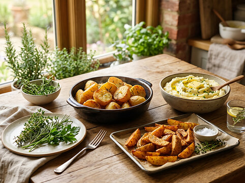 A delicious variety of homemade potato dishes served on a rustic wooden kitchen table.