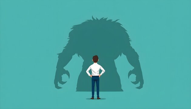 Man Facing Giant Monster Shadow Concept of Capgras Syndrome Internal Fear and Mental Delusion