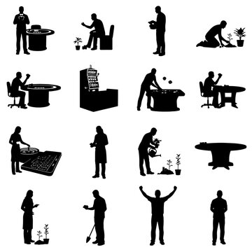 Collection of gardening and horticulture silhouettes featuring people planting, watering, caring for flowers, greenhouse activities, and garden maintenance. Perfect for landscaping, agriculture, garde
