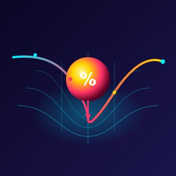 3D visualization of a glowing percentage sphere falling with heavy weight, bending the grid lines like a gravitational effect and pulling the stock market graph sharply downward
