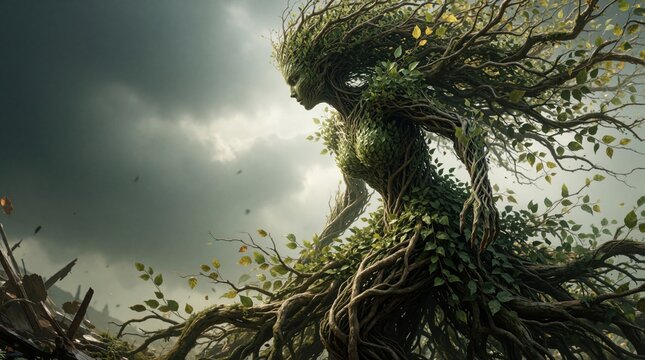 Mystical forest nymph figure emerges from tree branches, leaves. Enchanted woman spirit represents powerful nature goddess standing in dark stormy wilderness. Ethereal lady made of roots embodies