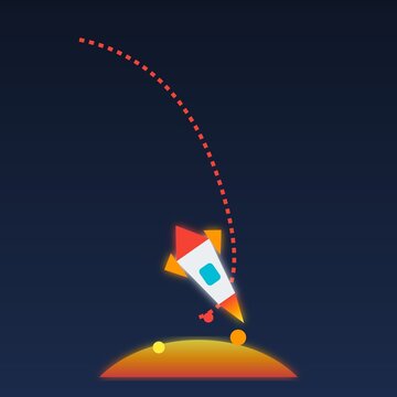 Vector illustration of an inverted rocket nosediving towards a planet's surface with a red trajectory trail, representing a bursting investment bubble, startup bankruptcy, or crashing assets