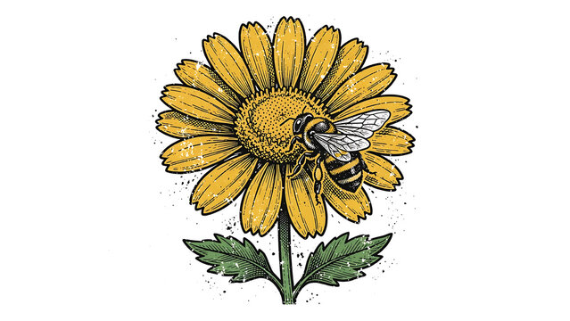 Detailed Artistic Illustration of a Honeybee Pollinating a Bright Yellow Sunflower Flower