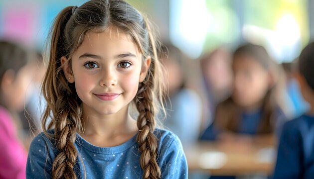 Retrato de ni&ntilde;a sonriente con trenzas en un aula luminosa con otros estudiantes desenfocados al fondo