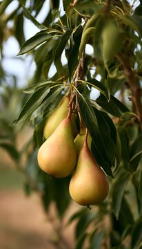 Sunlit pears on a branch evoke tranquil beauty and a peaceful morning's gentle grace