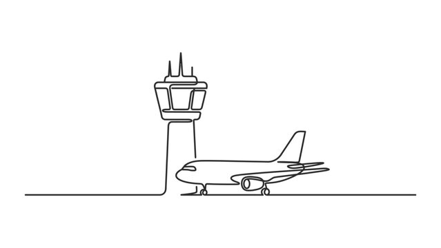 Continuous line drawing of airplane and control tower at airport