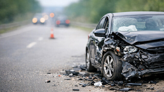 The image shows the aftermath of a car accident on a highway. The damaged vehicle is towed away from the scene while traffic congestion and an emergency response are underway.
